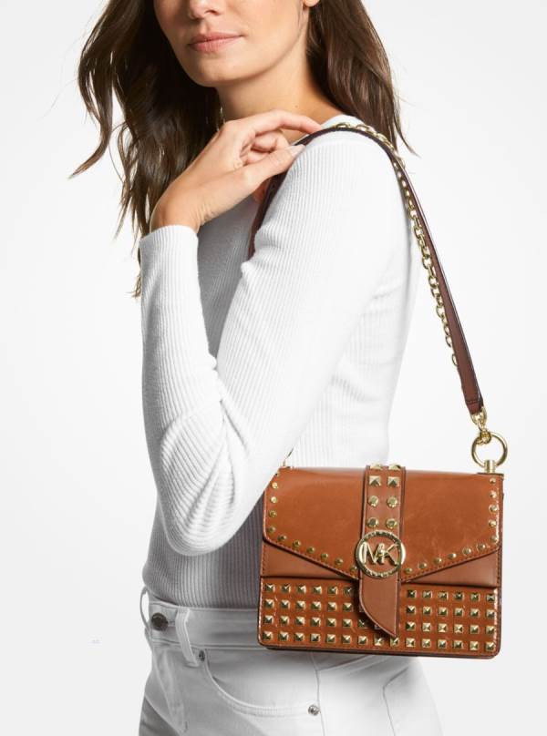 Damske Prenosná Taška Michael Kors Greenwich Extra-Small Studded Patent Leather Hnede - Kabelky Michael Kors Slevy | HLMFP-6951